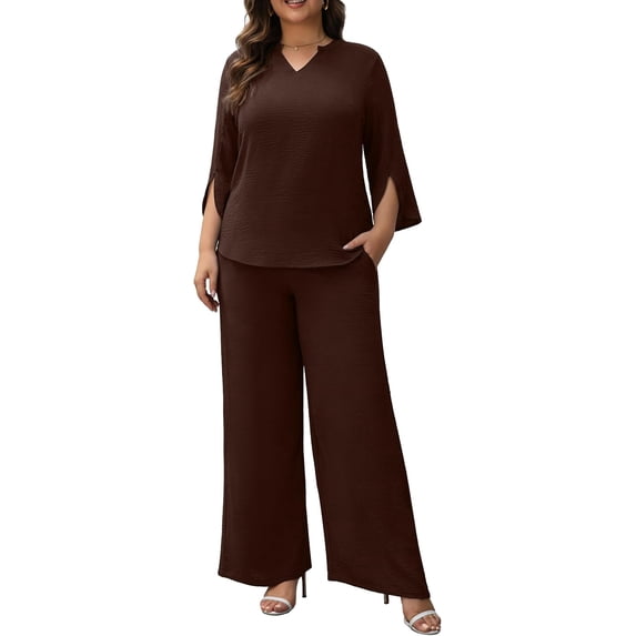 AURA Plus Size Pants Suits for Women Dressy 2 Piece Sets with 3/4 Sleeve Top Wide Leg Pants for Work & Daily Wear