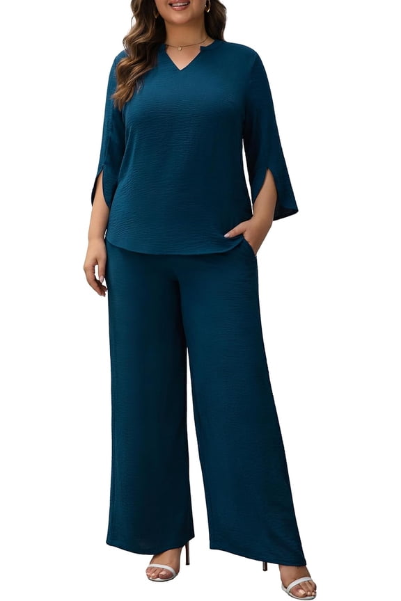 Plus Size Pants Suits for Women Dressy 2 Piece Sets with 3/4 Sleeve Top Wide Leg Pants for Work & Daily Wear