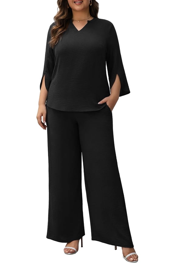 Plus Size Pants Suits for Women Dressy 2 Piece Sets with 3/4 Sleeve Top Wide Leg Pants for Work & Daily Wear