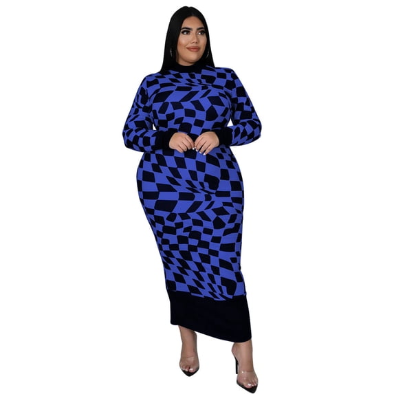AURA Plus Size Plaid Print Maxi Dress Crewneck Long Sleeve Patchwork Elegant Sweet Style Long Dress for Fall Winter