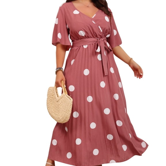 AURA Plus Size Pleated Long Dress V Neck Polka Dot Ruffle Sleeve Elegant Commuter Maxi Dress Watermelon Red 0XL 4XL