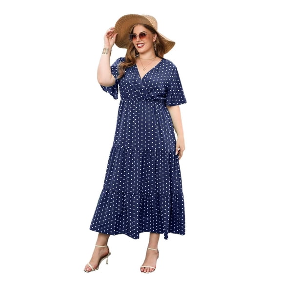 AURA Plus Size Polka Dot Midi Dress V Neck A Line High Waisted Summer Casual Dress Blue Red Green Black