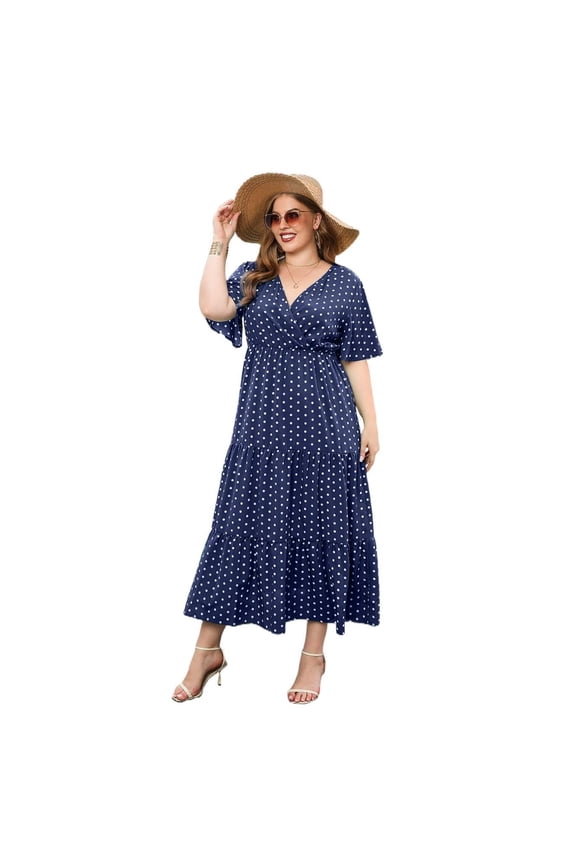 Plus Size Polka Dot Dress V Neck A Line Midi Dress High Waist Flutter Sleeve Casual Vacation Wear