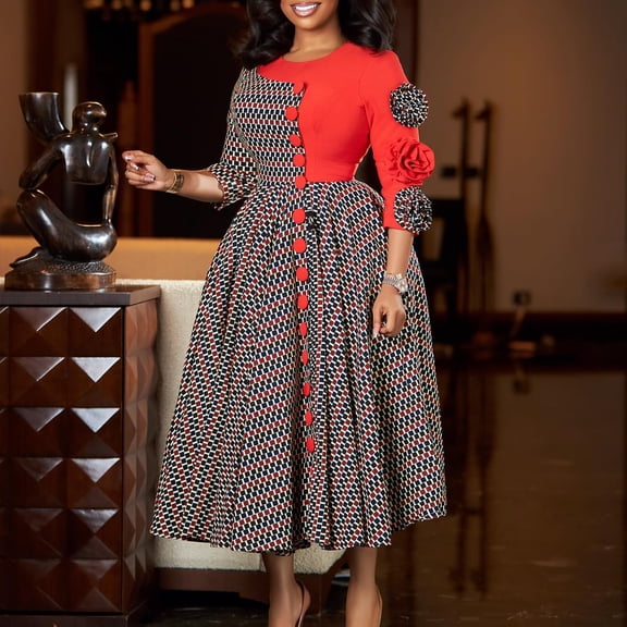AURA Plus Size Printed Patchwork A Line Midi Dress Round Neck 3 4 Sleeve High Waist Elegant Work Dress
