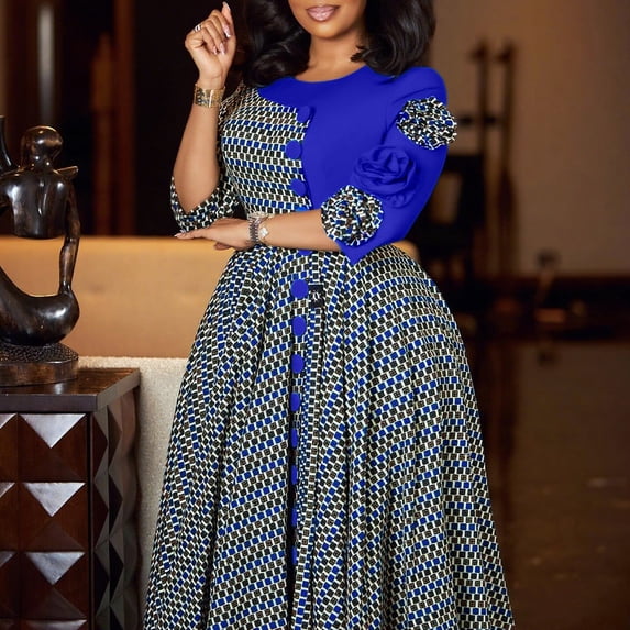 AURA Plus Size Printed Patchwork A Line Midi Dress Round Neck 3 4 Sleeve High Waist Elegant Work Dress