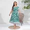 thumbnail image 1 of AURA Plus Size Retro Geometric Maxi Dress V Neck Short Sleeve Elastic Waist Pleated Long Dress with Side Slit for Spring, 1 of 4