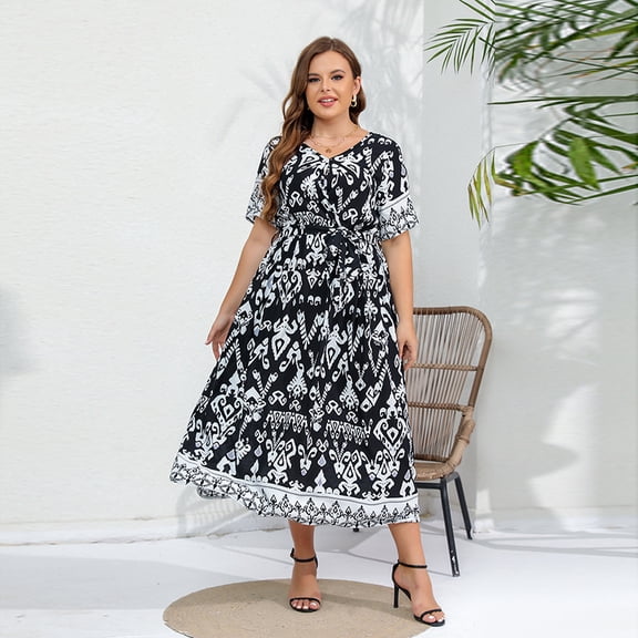 AURA Plus Size Retro Geometric Maxi Dress V Neck Short Sleeve Elastic Waist Pleated Long Dress with Side Slit for Spring