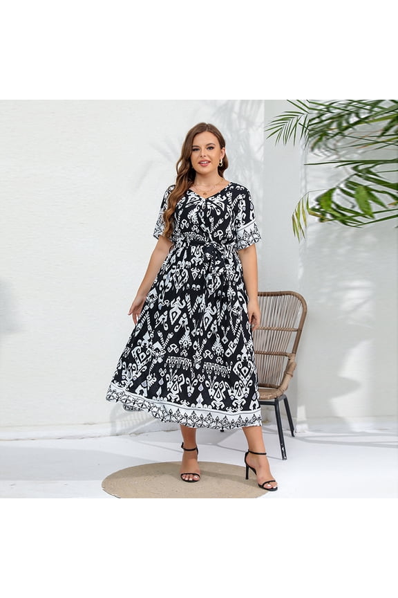 Plus Size Retro Geometric Maxi Dress V Neck Short Sleeve Elastic Waist Pleated Long Dress with Side Slit for Spring