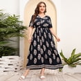 thumbnail image 1 of AURA Plus Size Retro Geometric Maxi Dress V Neck Short Sleeve Elastic Waist Pleated Long Dress with Side Slit for Spring, 1 of 4