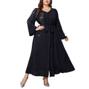 AURA Plus Size Rhinestone Maxi Dress Long Sleeve Elegant Commuting Polyester Long Skirt 0XL 4XL Black