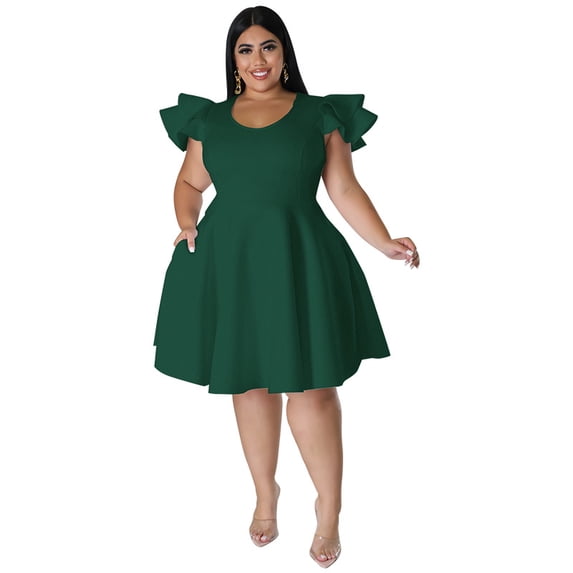 AURA Plus Size Ruffle Sleeve Maxi Swing Dress Solid Color Summer Casual Street Style