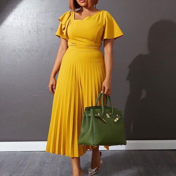 AURA Plus Size Ruffle Sleeve Pleated Midi Dress Elegant High Waist Swing Skirt Solid Color