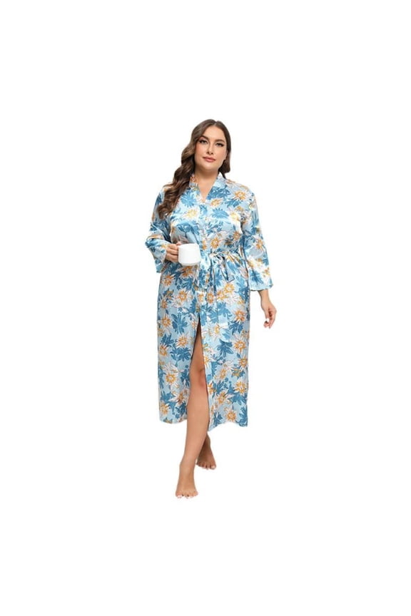 Plus Size Satin Bathrobe Faux Silk Loose Fit Home Wear Lounge Robe Collarless