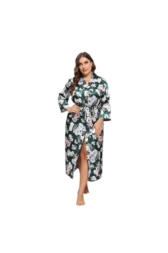 Plus Size Satin Bathrobe Faux Silk Loose Fit Home Wear Lounge Robe Collarless