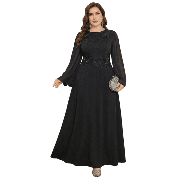 AURA Plus Size Sequin Evening Dress 0XL-4XL Elegant Long Sleeve Party Gown
