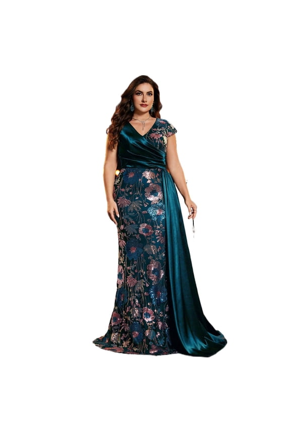 Plus Size Sequin Evening Dress Deep V Neck Slim Fit Party Long Length Polyester Women