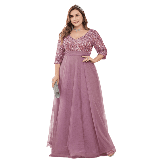 AURA Plus Size Sequin Evening Dress Women V Neck Formal Gown Elegant Party Dress