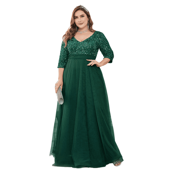 AURA Plus Size Sequin Evening Dress Women V Neck Formal Gown Elegant Party Dress