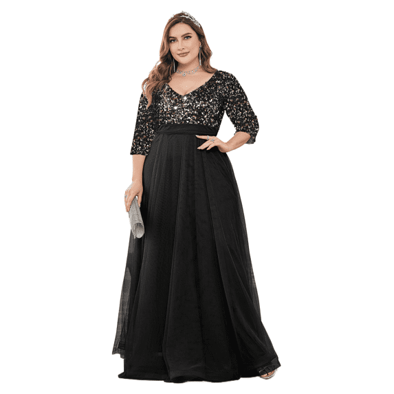 AURA Plus Size Sequin Evening Dress Women V Neck Formal Gown Elegant Party Dress