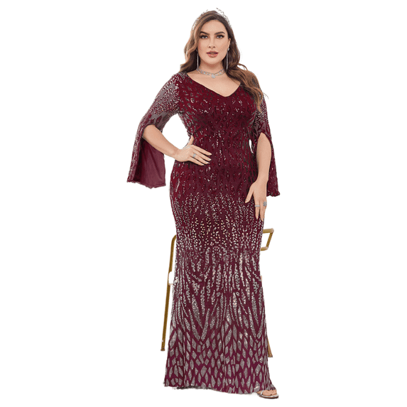 AURA Plus Size Sequin Round Neck Evening Gown Long Sleeve Elegant Slim Fit Formal Party Maxi Dress