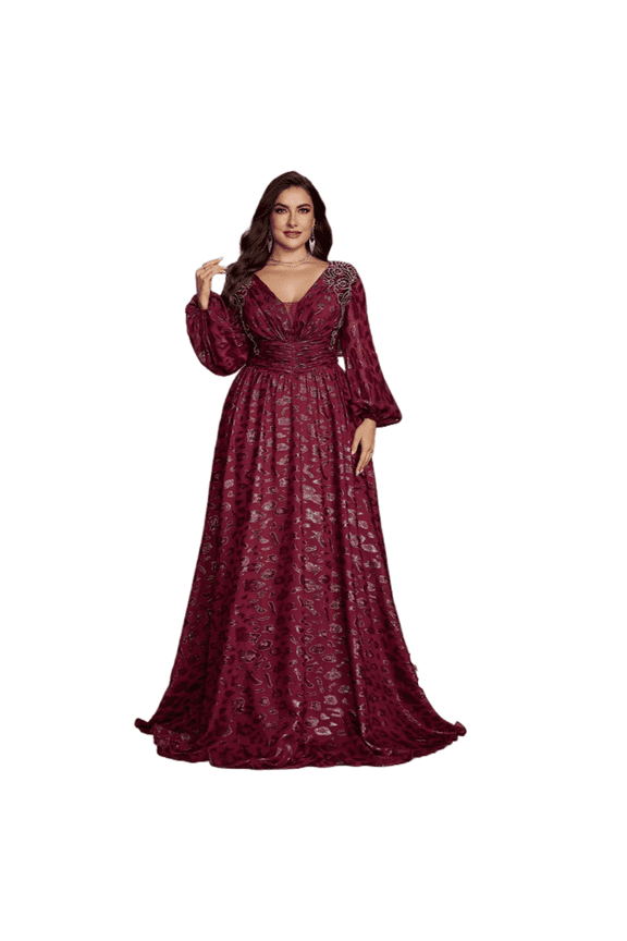Plus Size Sequin V Neck Evening Gown Long Sleeve Pleated A Line Formal Cocktail Party Maxi Dress