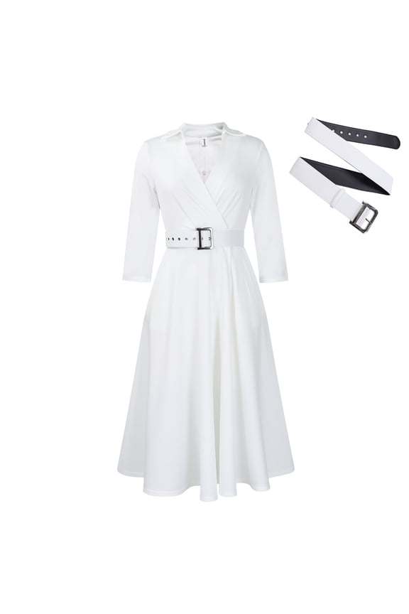 Plus Size Spring Elegant Lapel High Waist A Line Maxi Dress Long Sleeve Puff Sleeve African Work Dress with Belt