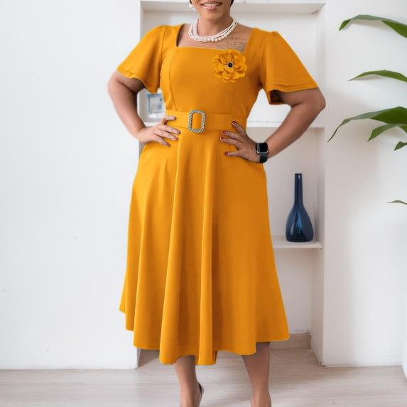 AURA Plus Size Square Neck A Line Midi Dress High Waist Large Skirt Bell Sleeve Solid Color Belted Dress with Flower