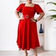 thumbnail image 1 of AURA Plus Size Square Neck A Line Midi Dress High Waist Large Skirt Bell Sleeve Solid Color Belted Dress with Flower, 1 of 9