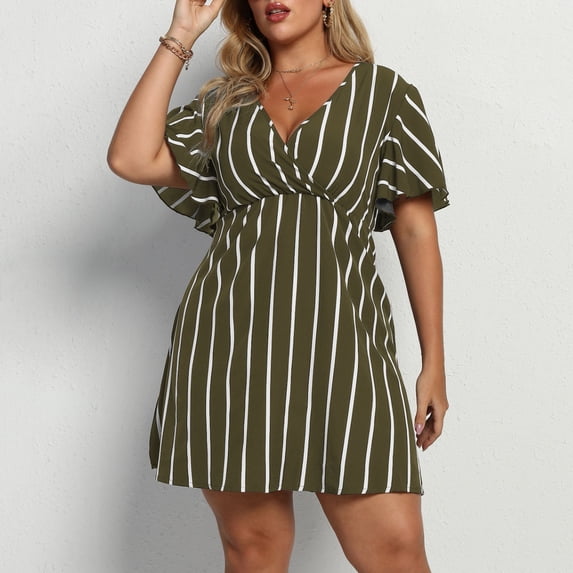 AURA Plus Size Striped V Neck Midi Dress Ruffle Sleeve High Waist Casual Boho Work Summer Dress for Women