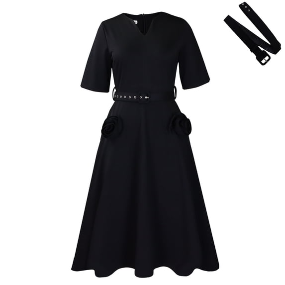 AURA Plus Size Summer V Neck A Line Midi Dress High Waist Short Sleeve Elegant African Work Dress with Belt