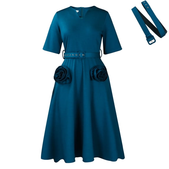 AURA Plus Size Summer V Neck A Line Midi Dress High Waist Short Sleeve Elegant African Work Dress with Belt