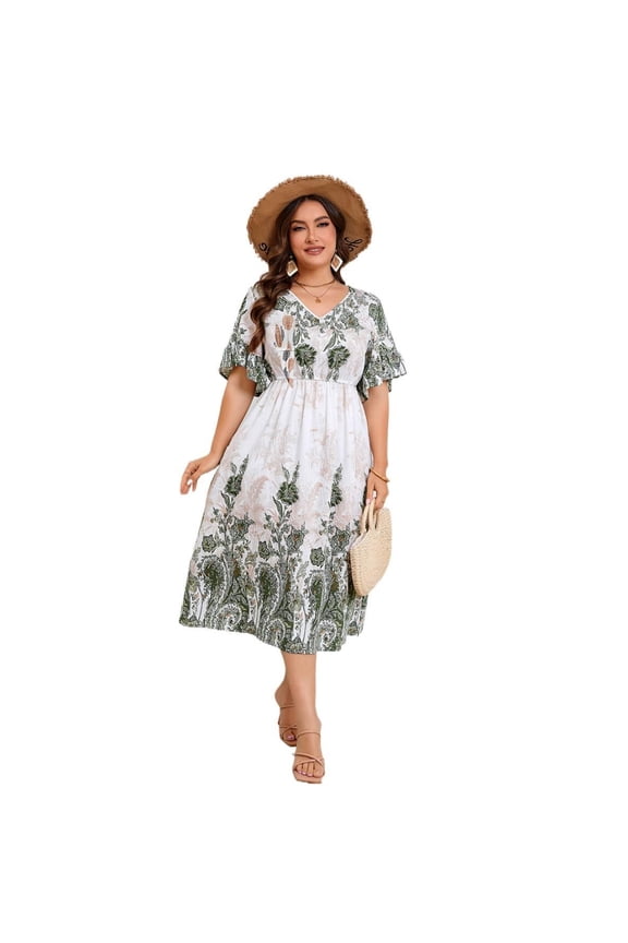 Plus Size V Neck A Line Dress Bell Sleeve Mid Length Work Casual Commuter Rayon Geometric Pattern