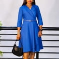 thumbnail image 1 of AURA Plus Size V Neck A Line Midi Dress High Waist Pleated 3 4 Sleeve Belted Elegant Fall Winter Work Dress, 1 of 10