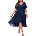 thumbnail image 1 of AURA Plus Size V Neck Chiffon Midi Dress Cross Strap Tie Waist Ruffle Hem A Line Short Sleeve Elegant Party Dress, 1 of 2