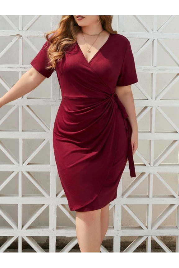 Plus Size V Neck Pencil Midi Dress Drawstring Waist Half Sleeve Solid Color Bodycon Work Office Cocktail Dress
