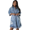 thumbnail image 1 of AURA Plus Size Washed Denim Fringe Dress Mid Length Collared Five Sleeve Elegant Work Style, 1 of 8