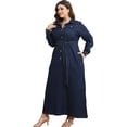 thumbnail image 1 of AURA Plus Size Winter Washed Denim Midi Dress Long Sleeve Belted A Line Casual Style, 1 of 6