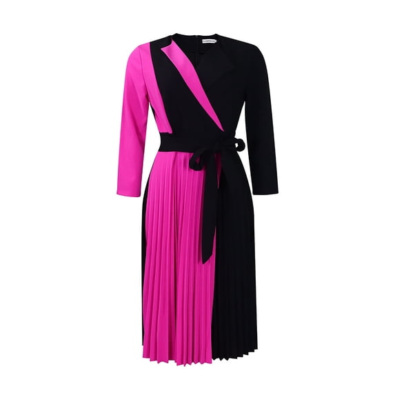 AURA Plus Size Women 2026 Elegant Color Block Strap Pleated High Waist Midi Dress