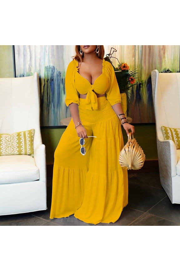 Plus Size Women 2026 Summer Strap Top and Wide Leg Pants Casual Two Piece Set