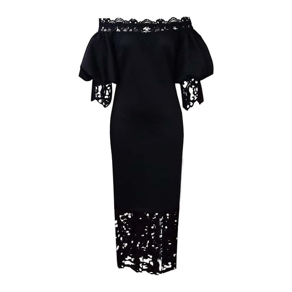 AURA Plus Size Women One Shoulder Lace Splicing Lantern Sleeve High Waist Elegant Midi Pencil Dress