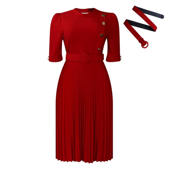 AURA Plus Size Women Pleated High Waist Midi Dress Half Turtleneck Button Elegant Autumn Dress