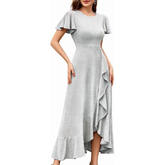 AURA Plus Size Women Sequin Formal Party Dress Flutter Short Sleeve Wedding Cocktail Long Evening Dress