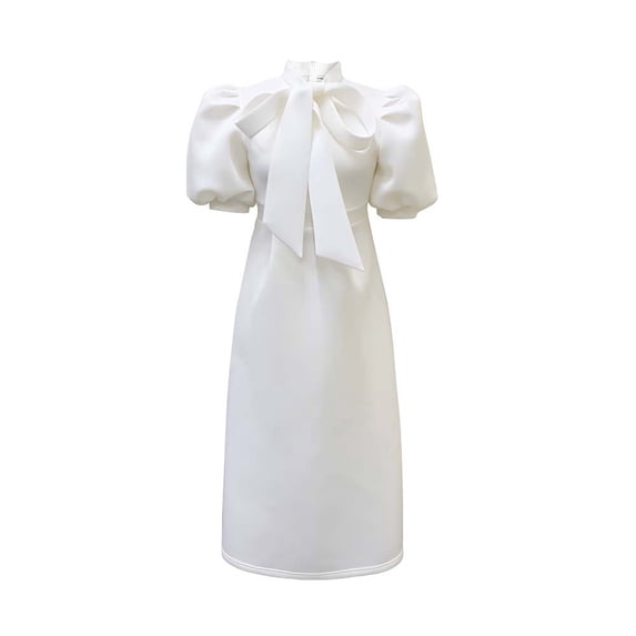 AURA Plus Size Women Summer Bow High Waist Banquet Dress Elegant Solid Color Lantern Sleeve Midi Dress