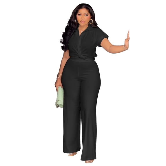 AURA Plus Size Women Two Piece Outfit Summer Casual Solid Top High Waist Pants Set