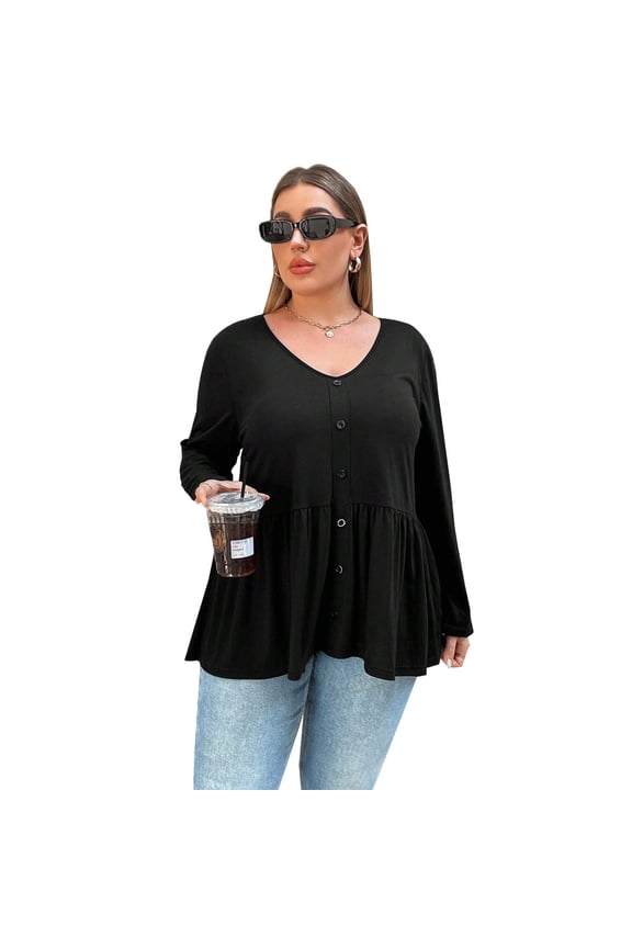 Plus Size Women V Neck Long Sleeve Fitted T Shirt Casual Solid Black Button Detail Top