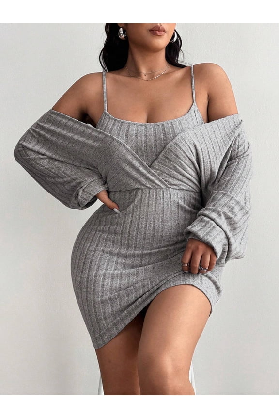 Plus Size Women's Bodycon Dress V Neck Long Sleeve Faux Two Piece High Waist Short Dress