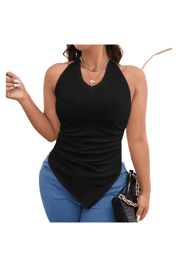 Plus Size Womens Asymmetrical Hem Halter Sleeveless Wrap Top Slim Fit Knitted Stretch Vest