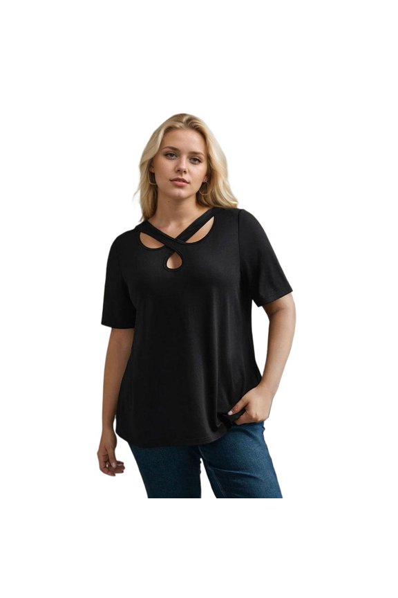 Plus Size Womens Black Crossover Neck Short Sleeve T Shirt Loose Fit Knitted Top Elegant Casual Spring Summer