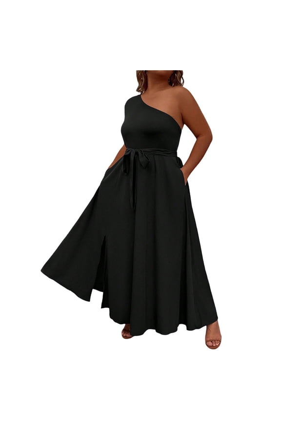 Plus Size Womens Black One Shoulder Sleeveless Maxi Dress High Waist A Line Slit Backless Elegant Summer