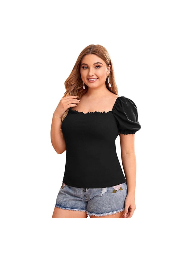 Plus Size Womens Black Square Neck Bubble Sleeve Crop Top Slim Fit Ruched Knit T Shirt Elegant Summer